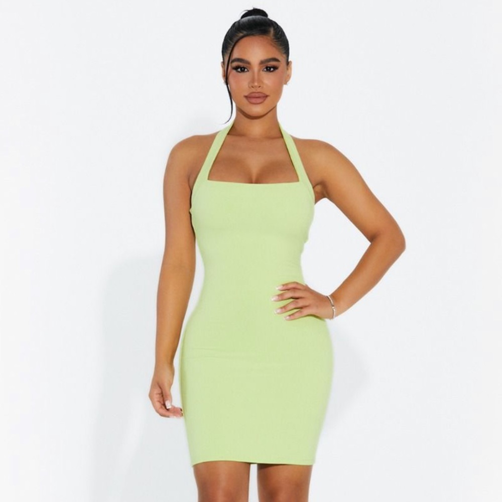 Naked Wardrobe Snatched Halter Mini Dress in Pear